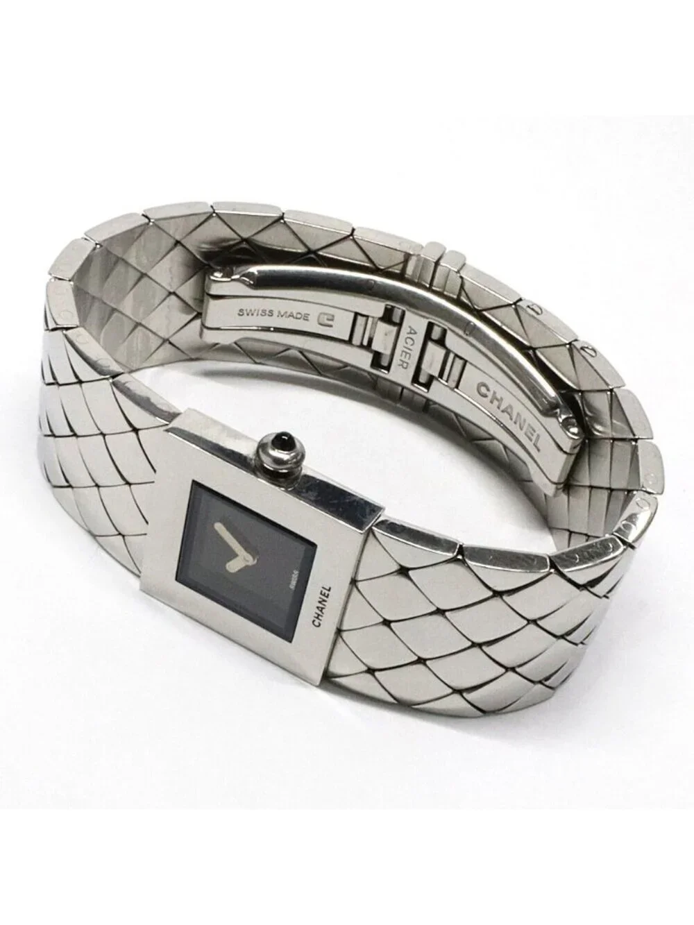 Chanel Matelasse Quilted Watch Black SS Quartz